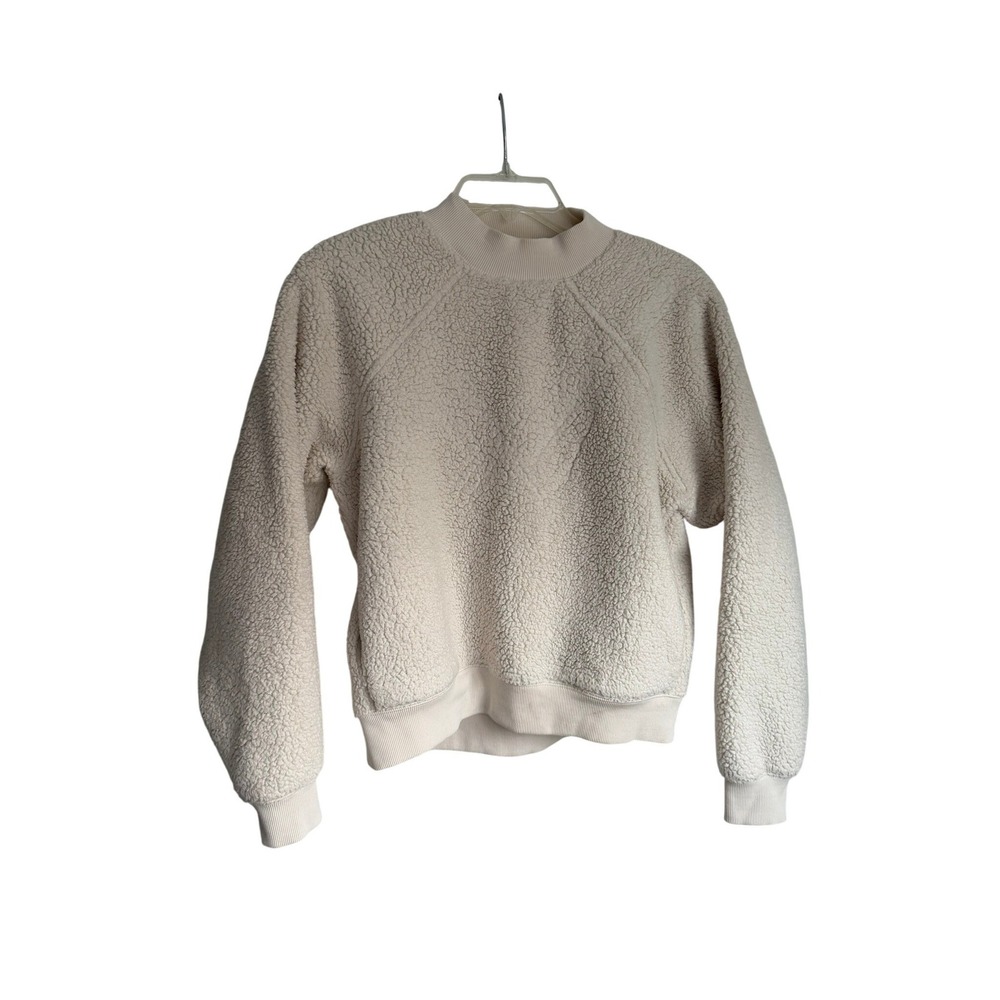 Athletta Cream Teddy Fleece Mock Neck Pullover Sweatshirt Pockets Raglan Sleeves